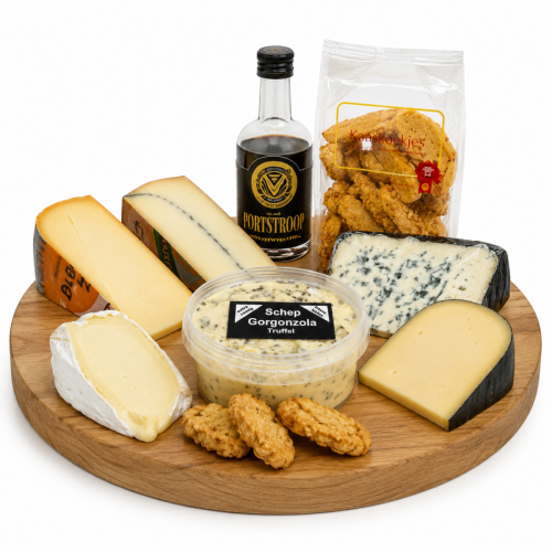 Kaasplank met kaaskoekjes, portstroop, oude geit, kernhem, schepgorgonzola truffel, morbier, saint agur en delice de bourgogne